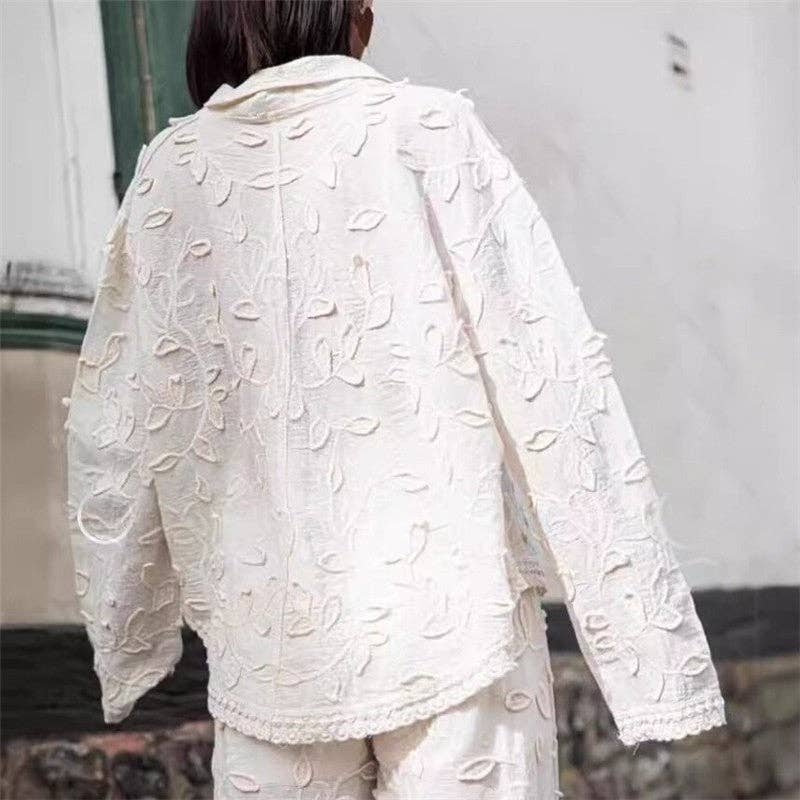 Women Fashionable White Jacquard Co-ord Set: WHITE / L