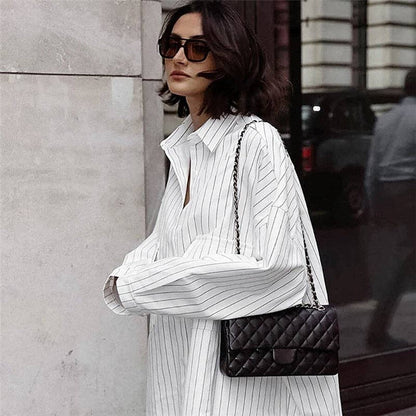 Striped Shirt Dress with Versatile Long Sleeves: WHITE / L