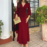 Women V Neck Long Sleeve Maxi Dress with Ruched Bodice