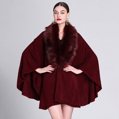 Mid-Length Faux Fox Fur Collar Shawl Cape: Burgundy