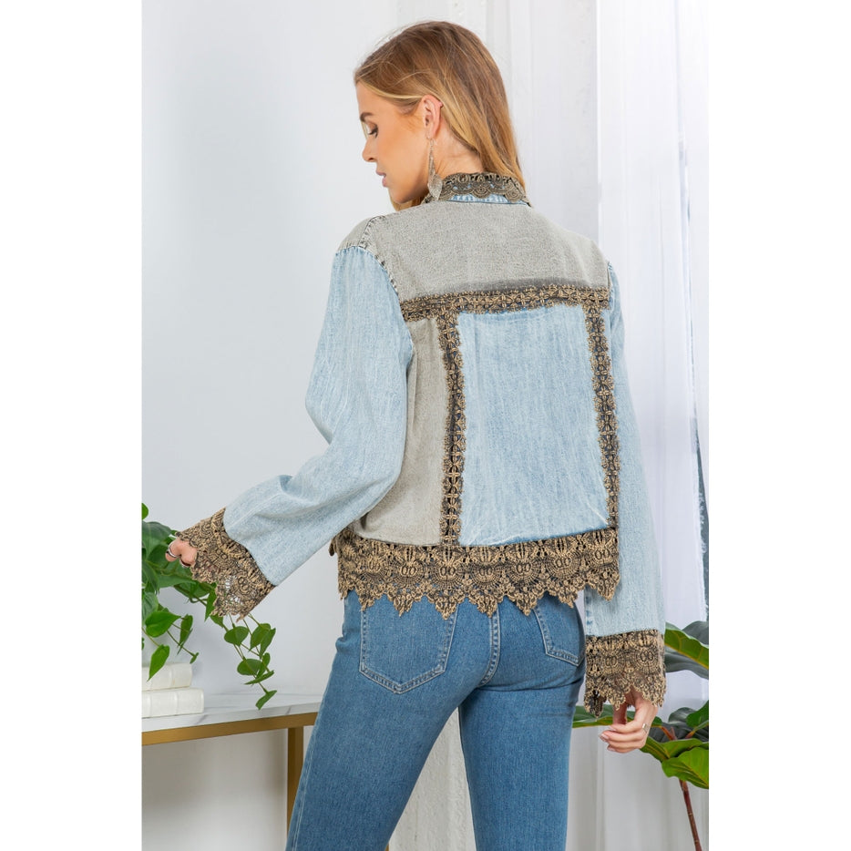 Women  Ice Washed Denim & Lace Jacket By Young Threads