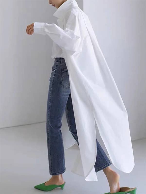 Women Long Sleeve Loose Buttoned Solid Color Split Side Lapel Collar Maxi Shirt