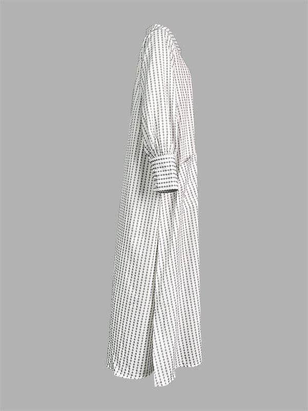 Long Sleeves Loose Buttoned Split-Side Striped Lapel Maxi Dresses Shirt Dress: WHITE / L