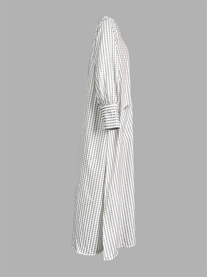 Long Sleeves Loose Buttoned Split-Side Striped Lapel Maxi Dresses Shirt Dress: WHITE / L