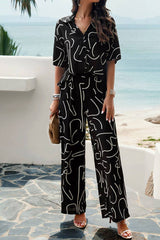 Printed Button Up Shirt and Pants 2pcs Set Black
