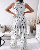 Abstract print sleeveless wide leg belted jumpsuit: WHITE / 1-1-1-1 / S-M-L-XL