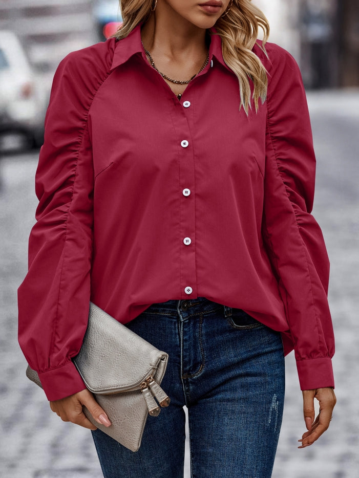 Women Ruched Long Sleeve Button Down Shirt