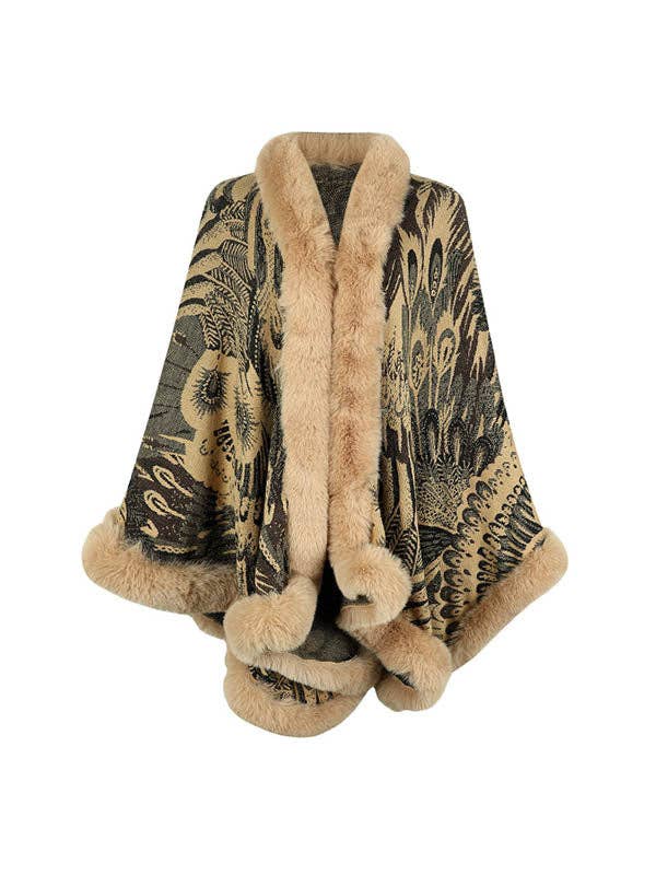Women Long Sleeves Loose Jacquard Keep Warm Velvet Collarless Cape Shawl