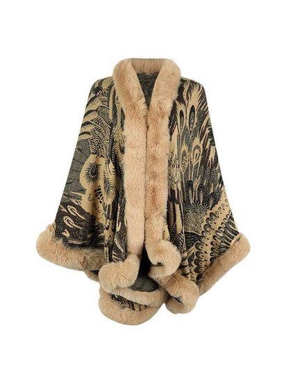 Long Sleeves Loose Jacquard Keep Warm Velvet Collarless Cape Shawl: APRICOT / One_size