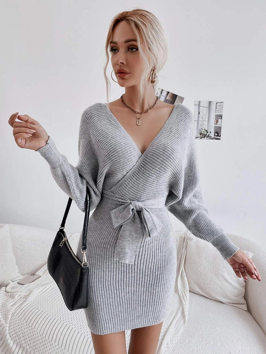 Women V Neck Sweater Wrap Dress