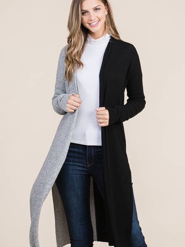 Women Sweater Long Sleeve Color Block Open Front