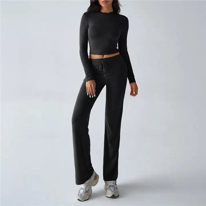 Women Long Sleeve Top and belted long pant