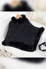 Women Faux Fur Collar Chunky Cable Knit Sweater Cape Coffee
