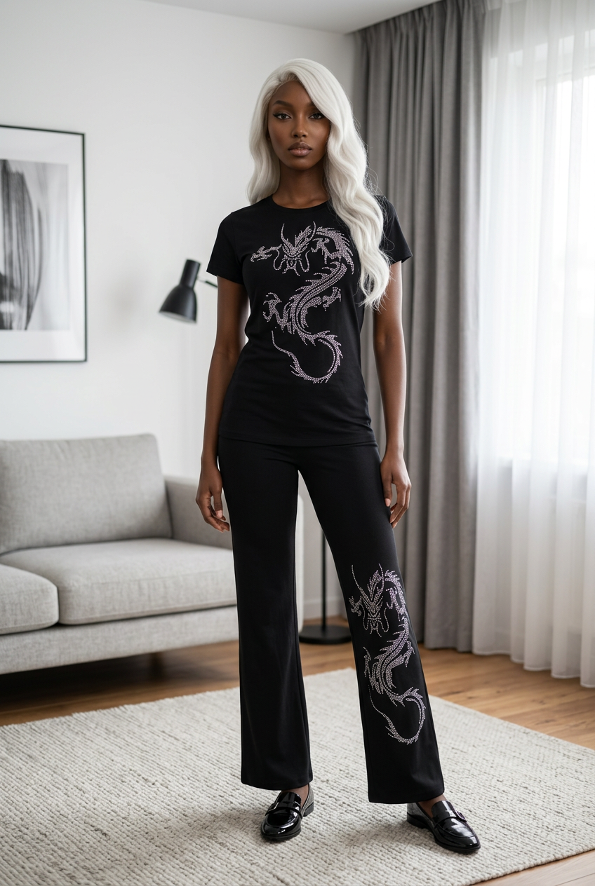 Women & Girls  Short Sleeve Tee- Rhinestone Dragon