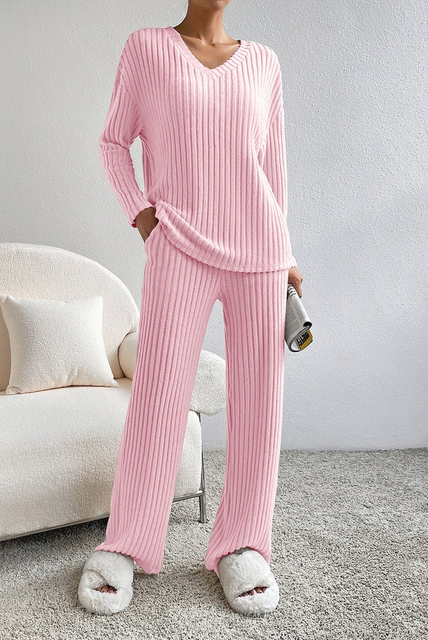 Women Long Sleeve Ribbed Knit V Neck Lounge Set By Lovesoft