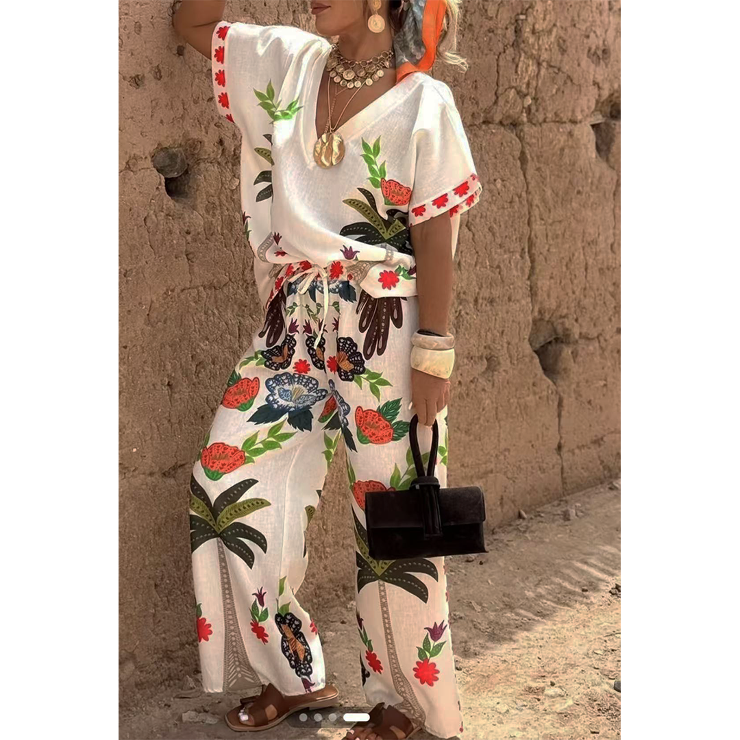 V-Neck Short Sleeve Printed Linen Wide-Leg Pants Set