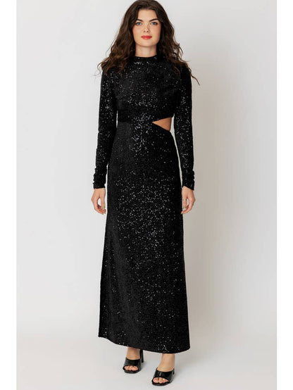 Women Long Sleeve Mock Neck Sequin Maxi Dress with Side Cut-Out