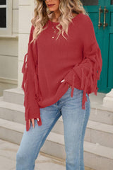 Women Solid Color Tassel Pullover Sweater Rosy / L
