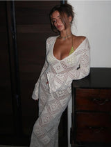 Women Maxi Dress Long Sleeve V Neck Argyle Knit Bell Sleeves Cover Up By Sweetkama