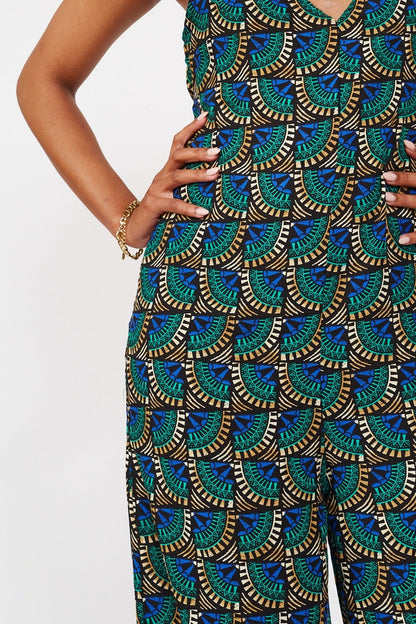 Women V Neck Jumpsuit Peacock Print By Silk & Salt