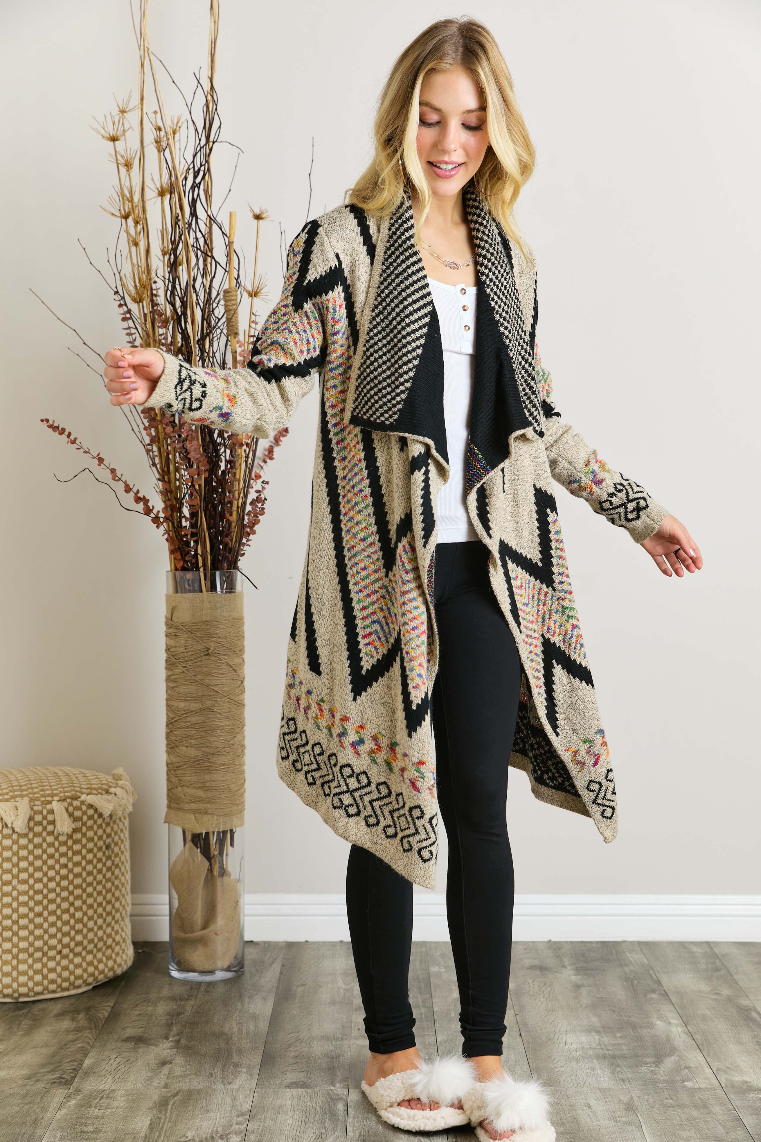 Women Sweater Aztec MULTI COLOR AZTEC SWEATER CARDIGAN: BEIGE
