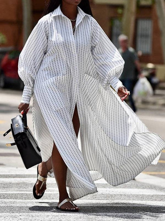 Long Sleeves Loose Buttoned Split-Side Striped Lapel Maxi Dresses Shirt Dress: WHITE / L