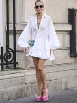 Women Puff Sleeves Buttoned Split-Joint Solid Color Lapel Mini Dresses Shirt Dress: