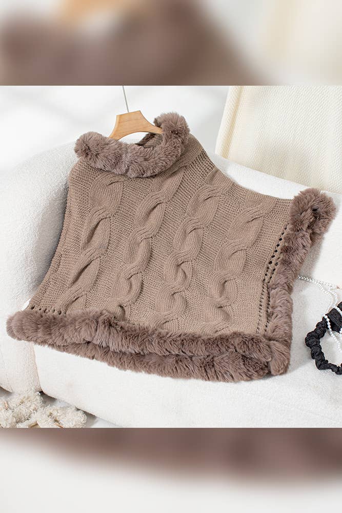 Women Faux Fur Collar Chunky Cable Knit Sweater Cape Coffee
