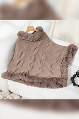 Women Faux Fur Collar Chunky Cable Knit Sweater Cape Coffee