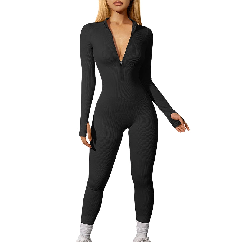 Women Ribbed Long Sleeve Zip up Casual Athletic Jumpsuit