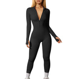 Women Ribbed Long Sleeve Zip up Casual Athletic Jumpsuit