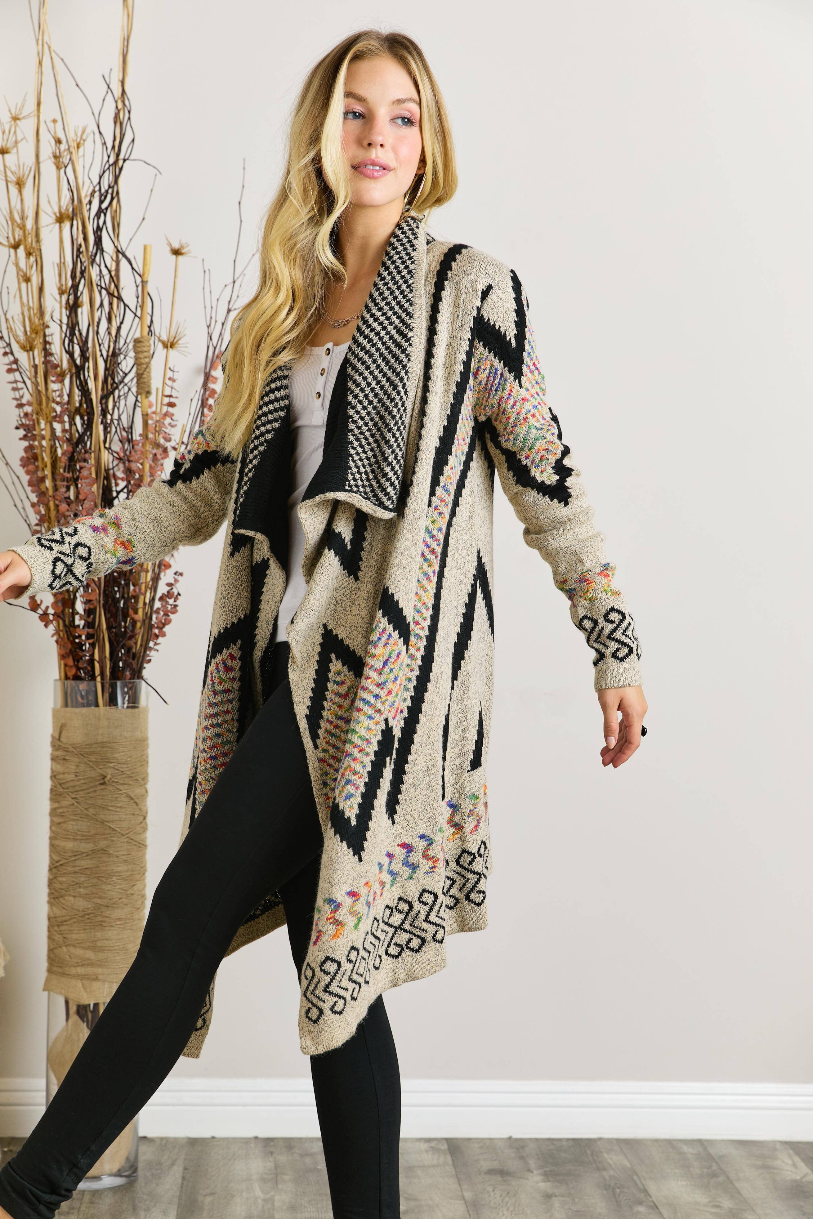 Women Sweater Aztec MULTI COLOR AZTEC SWEATER CARDIGAN: BEIGE