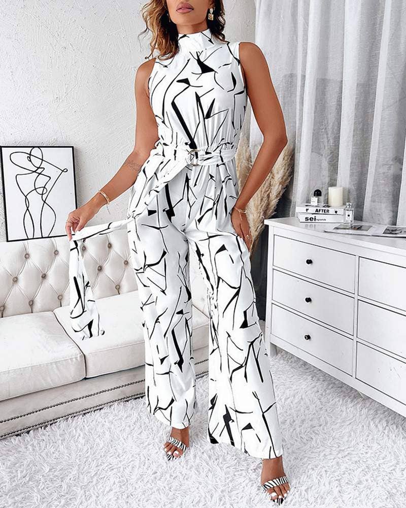 Abstract print sleeveless wide leg belted jumpsuit: WHITE / 1-1-1-1 / S-M-L-XL