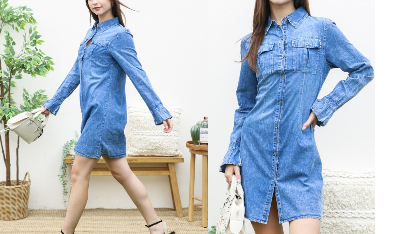 Women Denim Button Down Shirt Dress, Flared sleeves By Ann Kaci