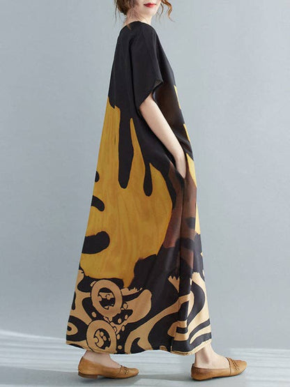 Vintage Loose Leaf Printed Midi Dress: YELLOW / One_size