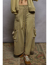 Women  Solid Side Pockets Stud Detail French Terry Knit Pant