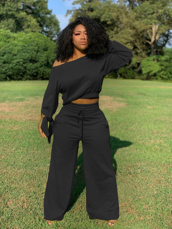 Women Solid Color Long Sleeve Fleece 2 piece Set