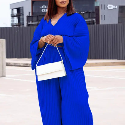 Women Pleated V Neck Pleated Wide Leg Pant