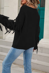 Women Solid Color Tassel Pullover Sweater Rosy / L