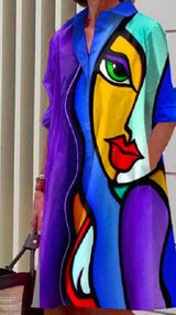 Long Sleeves Contrast Color Figure Printed Lapel Midi Dresses