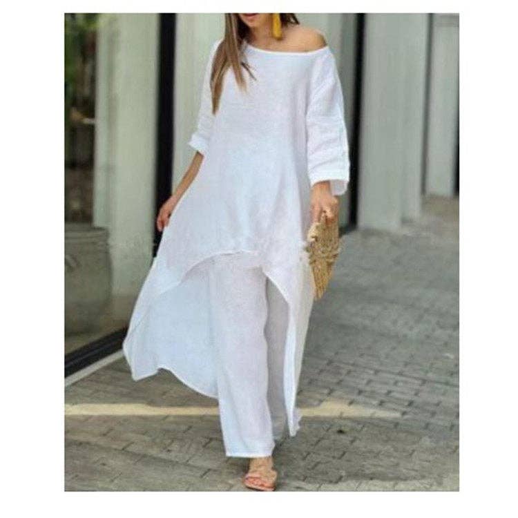 New Women's Cotton Linen Casual Wide Leg Pants Two Piece Set