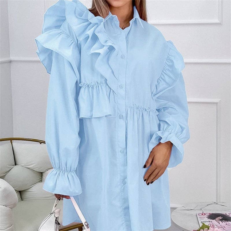 Casual Chic Relaxed Fit Long Sleeve Shirt Dress: Red / L