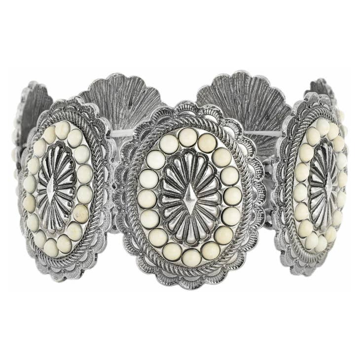 Women Bracelet Boho Western Stone Concho Silver Tone Stretch Bracelet