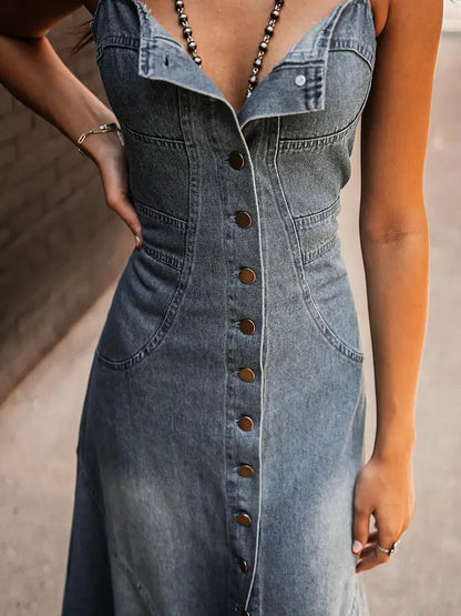Women Button Front A Line Denim Maxi Dress