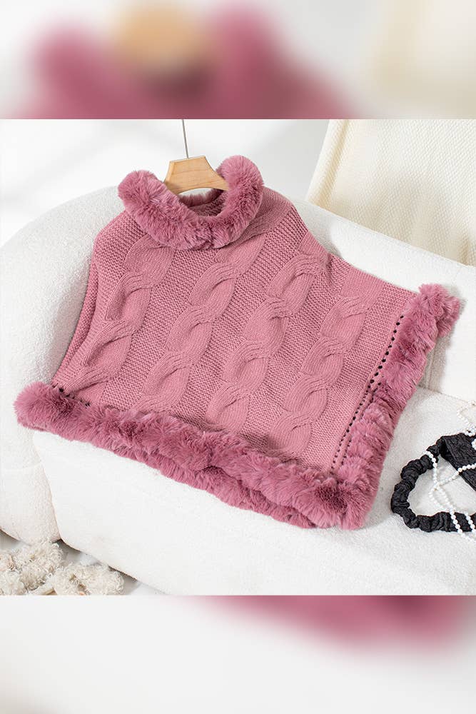 Women Faux Fur Collar Chunky Cable Knit Sweater Cape Coffee
