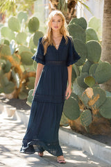 Women V- Neck Lace trim Maxi Dress By Bluivy