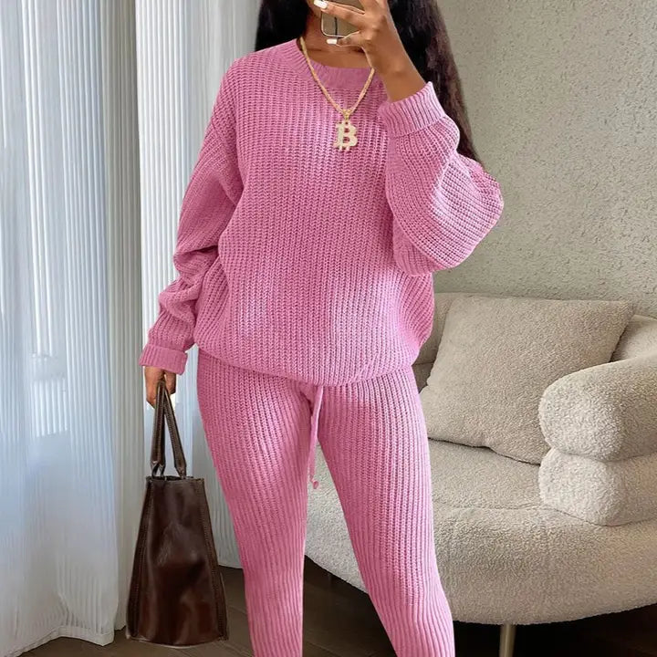 Women Chunky knit Drop Shoulder Sweater and drawstring pant
