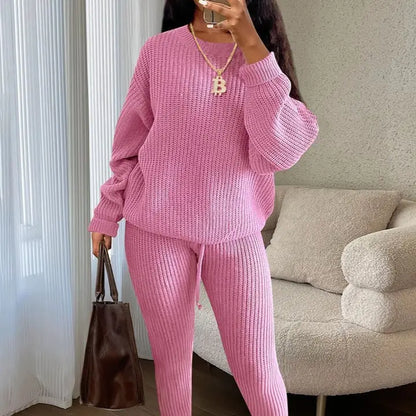 Women Chunky knit Drop Shoulder Sweater and drawstring pant