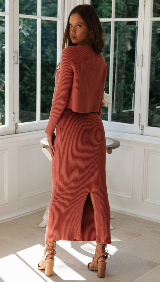 Women Solid Color Top and Skirt 2 Piece Set Knitted Sweater