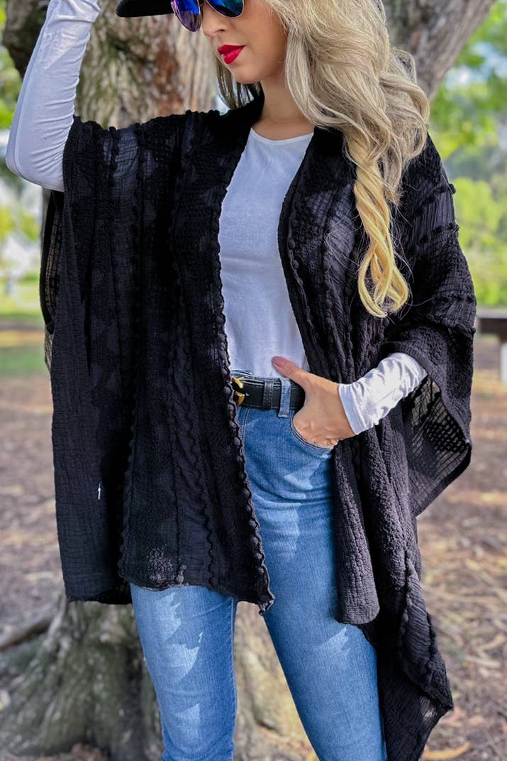 Women Solid Black 3D Textured Open Front Soft Kimono Cardigan: Black / One Size